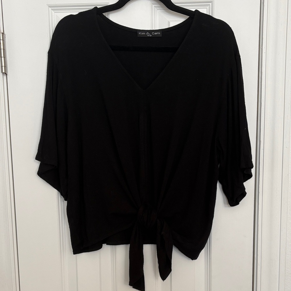 Kim & Cami V-Neck Black Tie Front T-Shirt
